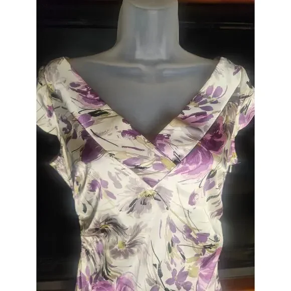 Maggy London Floral Dress Sheen Purple White Ruched Waist Sz 6 - Picture 3 of 9